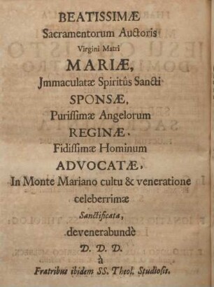 Beatissimæ sacramentorum auctoris Virgini Matri Mariæ ...