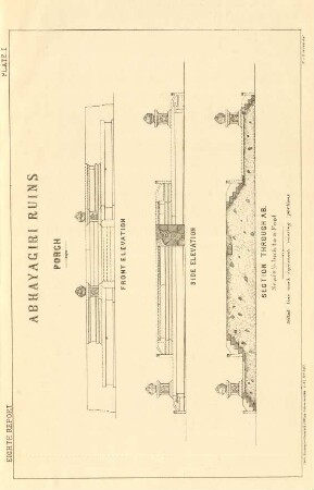 Plate I. Abhayagiri ruins. Porch. Front elevation. Side elevation. Section through AB.
