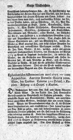 : Ephemerides astronomicae anni 1777 ad meridianum Vindobonensem. - Acc.: Aurorae Borealis theoria nova.
