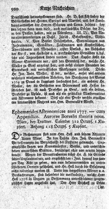 : Ephemerides astronomicae anni 1777 ad meridianum Vindobonensem. - Acc.: Aurorae Borealis theoria nova.