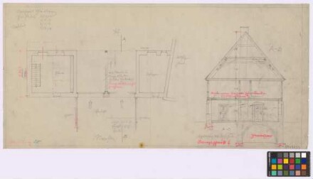 Gleisberg ([Amtshauptmannschaft] Döbeln): Mehnert. -
                                 [Einfahrtsgebäude mit Torfahrt] (Grundriss des Erdgeschosses). -
                                 Wohnhaus (Querschnitt A-B)