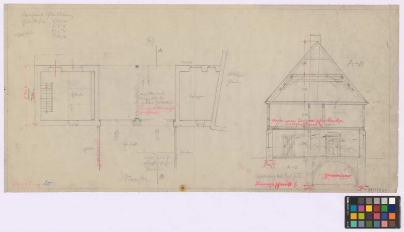 Gleisberg ([Amtshauptmannschaft] Döbeln): Mehnert. -
                                 [Einfahrtsgebäude mit Torfahrt] (Grundriss des Erdgeschosses). -
                                 Wohnhaus (Querschnitt A-B)