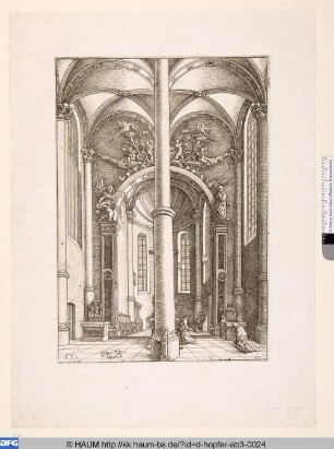 Inneres einer Kirche mit dem Gleichnis des Pharisäers und des Zöllners
