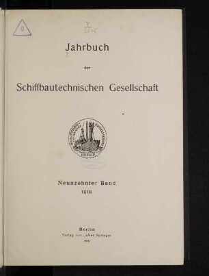 19.1918: Jahrbuch der Schiffbautechnischen Gesellschaft