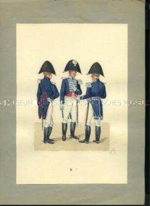 Uniformdarstellung, Platz-Adjutant in Gala, Platzmajor in Gala, Gouvernements-Adjutant in Gala, Sachsen, 1810/1811. Veränderte Kopie aus: Abbildung der neu organisierten Königlich-Sächsischen Armee.