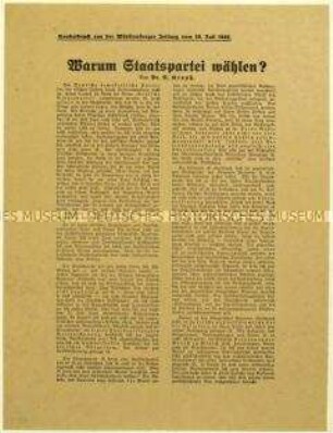 Flugblatt der Deutschen Staatspartei zur Reichstagswahl am 31. Juli 1932
