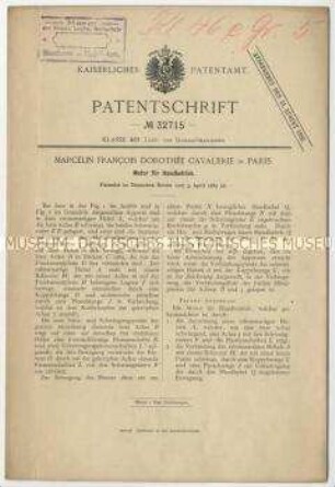 Patentschrift eines Motors für Handbetrieb, Patent-Nr. 32715