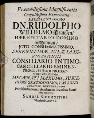 Prænobilissima Magnificentia [...] Dn. Rudolpho Wilhelmo Kraußen [...]