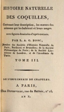 Histoire naturelle des coquilles : contenant leur description, les moeurs des animaux qui les habitent et leurs usages ; avec figures dessinées d'après nature, 3