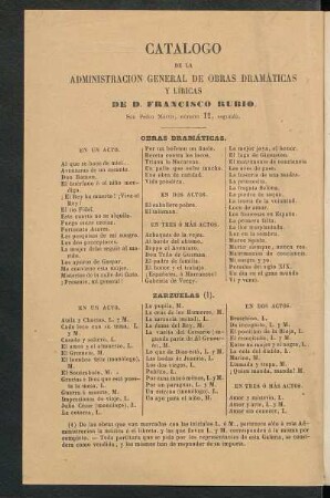 Catálogo de la administración general de obras dramáticas y líricas de D. Francisco Rubio.