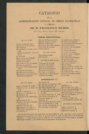 Catálogo de la administración general de obras dramáticas y líricas de D. Francisco Rubio.