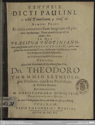 Exegēsis dicti Paulini ad Timotheum 3,16 membri primi: et citra controversiam magnum est pietatis mysterium
