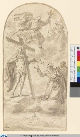 Gottvater mit drei Pfeilen, Christus mit dem Kreuz und Maria mit dem Schwert in der Brust