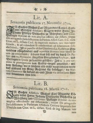 Lit. B. Sententia publicata 18. Martii 1701.