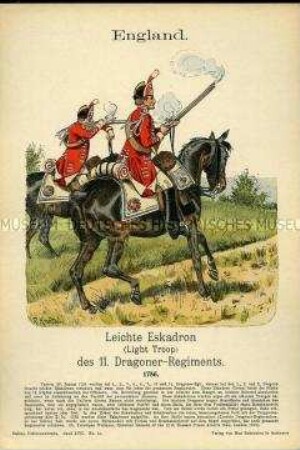 Uniformdarstellung, Gemeine der Leichten Eskadron des 11. Dragoner-Regiments, Königreich Großbritannien, 1756.