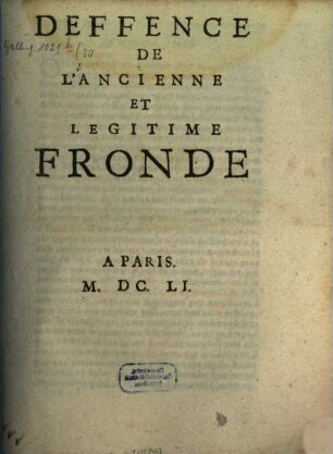 Defense de l'ancienne et legitime fronde