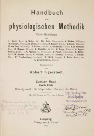 2: Handbuch der physiologischen Methodik, Zweiter Band, Zweite Hälfte: Hämodynamik; die körperlichen Elemente des Blutes
