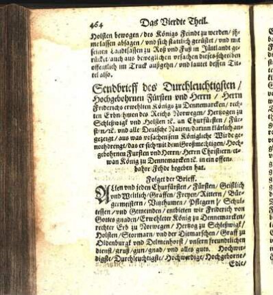 Sendbrieff des Durchleuchtigsten / Hochgebohrnen Fürsten und Herrn / Herrn Friderichs erwehlten Königs zu Dennemarcken / [...].