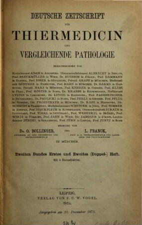 Deutsche Zeitschrift für Thiermedicin und vergleichende Pathologie. 2, 2. 1876