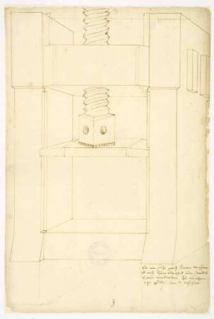 Ansicht der Papierpresse, ohne Maße, mit der Notiz, dass eine solche von Christoph Lochbühler neu gefertigt werden soll (Folio, Tinte)