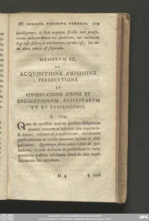 Membrum III. De Aquisitione Amissione Persecutione Et Conservatione Iurium Et Obligationum Positivarum Ut Et Possessionis.
