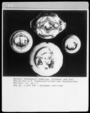 Schüssel und drei Teller mit z. T. landschaftlichen und chinesischen Motiven