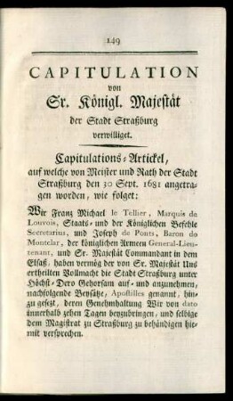 Capitulation von Sr Königl. Majestät der Stadt Straßburg verwilliget