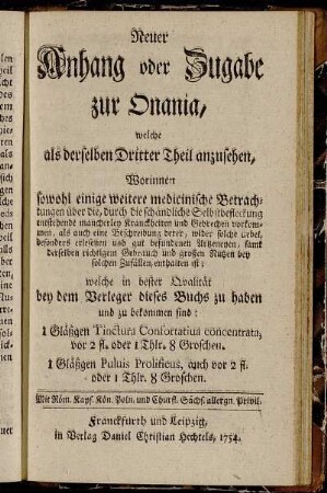 Neuer Anhang oder Zugabe zur Onania, welche als derselben Dritter Theil anzusehen
