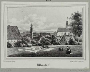 Kirche und Häuser in Ulbersdorf (Hohnstein) in der Sächsischen Schweiz, im Vordergrund eine Wäscherin, aus Sachsens Kirchen-Galerie von Hermann Schmidt, Bd. 4 1840