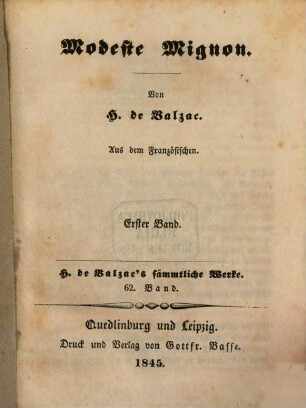 H. de Balzac's sämmtliche Werke, 62. Modeste Mignon ; 62,1