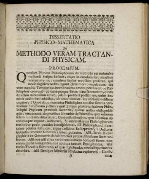 Dissertatio Physico-Mathematica De Methodo Veram Tractandi Physicam.