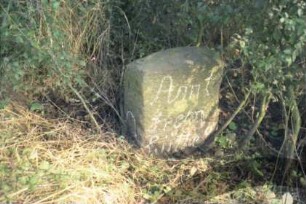 Fischbek: Wirtschaftsweg nördlich von Fischbeker Moor: Grenzstein [Nr. 10]: Inschrift Amt Tremsbüttel (nachgezeichnet): auf Schmalseite Hufeisen-Symbol