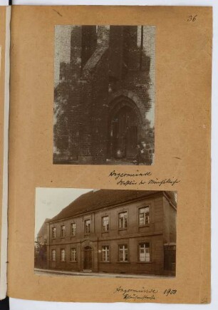 Klosterkirche, Angermünde. Schleusenstraße, Angermünde: Ansicht Portal Kirche, Ansicht Schleusenstraße (aus: Skizzen- und Fotoalbum 29)