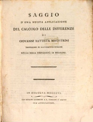 Saggio d'una nuova applicazione del calcolo delle differenze