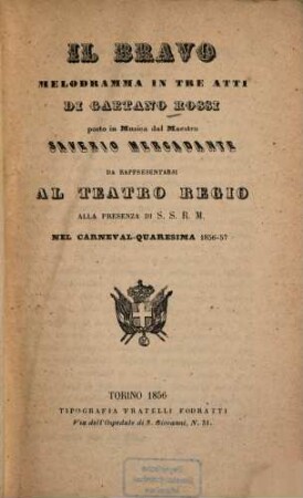 Il bravo : Melodramma in 3 atti