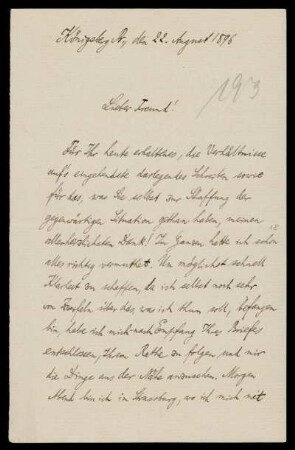 Nr. 11: Brief von Hermann Minkowski an Adolf Hurwitz, Königsberg, 22.8.1896