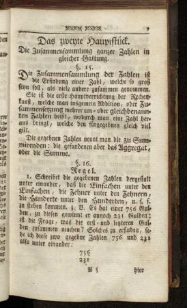 Das zweyte Hauptstück. Die Zusammensammlung ganzer Zahlen in gleicher Gattung.