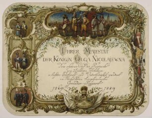 Titelblatt einer Bildersammlung als Geschenk zur Ehrung Königin Olga von Württemberg zum 25-jährigen Jubiläum als Chefin des Regimentes, 1889