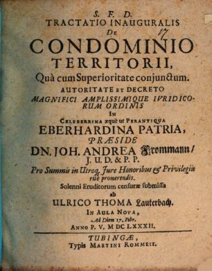 Tractatio Inauguralis De Condominio Territorii : Qua cum Superioritate coniunctum