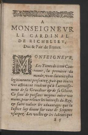 A Monseigneur le cardinal de richelieu, Duc & Pair de France.