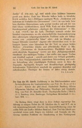 84-86 [Rezension] Kraft, Benedikt, Der Sinn der heiligen Schrift