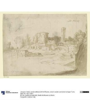 Landschaftsansicht mit Ruinen, einem runden und einem eckigen Turm