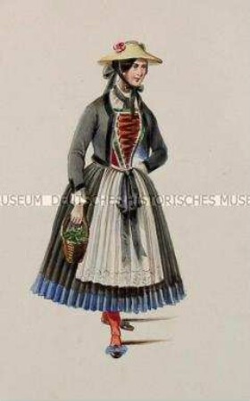 Frau im schwarzen gefältelten Rock mit blauem Saum, weißer Schürze und kurzer Jacke - Tafel aus Franceschini/Kostümbilder (Kassette 2)