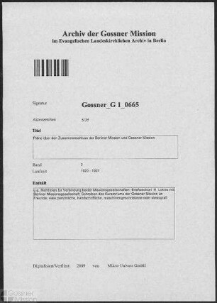 Pläne über den Zusammenschluss der Berliner Mission und Gossner Mission