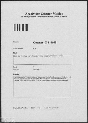 Pläne über den Zusammenschluss der Berliner Mission und Gossner Mission