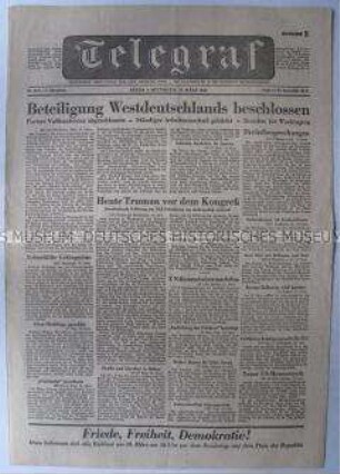 (West)-Berliner Tageszeitung "Telegraf" zur Einbeziehung des Westzonen Deutschlands in den Marshall-Plan
