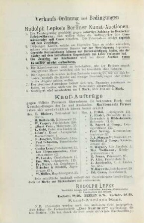 Verkaufs-Ordnung und Bedingungen für Rudolph Lepke's Berliner Kunst-Auctionen