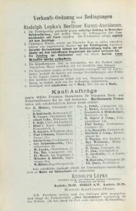 Verkaufs-Ordnung und Bedingungen für Rudolph Lepke's Berliner Kunst-Auctionen