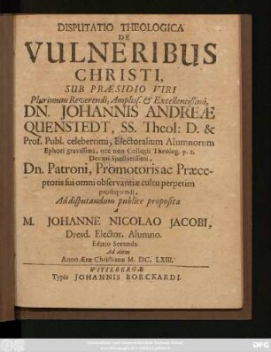 Disputatio Theologica De Vulneribus Christi