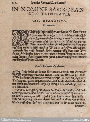 IN NOMINE SACROSANCTAE TRINITATIS. ARS HERMETICA.